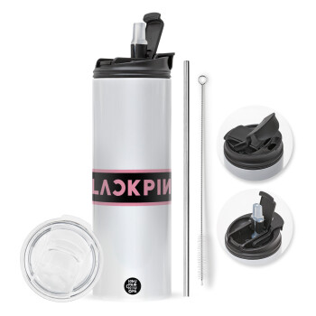 BLACKPINK, Travel Tumbler θερμό με διπλό καπάκι, μεταλλικό καλαμάκι και βούρτσα καθαρισμού (Ανωξείδωτο 304 Food grade, BPA free, 600ml)