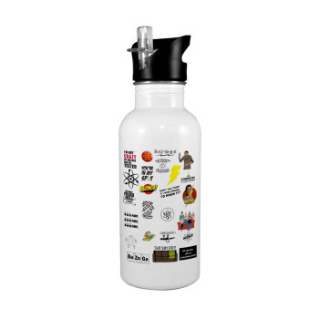 The Big Bang Theory pattern, White water bottle with straw, stainless steel 600ml