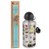 Easter Set, metallic silver aluminum water bottle (500ml) & scented flat Easter candle (30cm) (TURQUOISE)