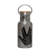 Stainless steel metallic thermos flask, silver with a bamboo lid, double-walled, 350ml.