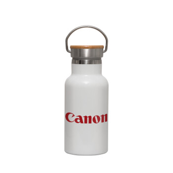 Canon, Μεταλλικό παγούρι θερμός (Stainless steel) Λευκό με ξύλινο καπακι (bamboo), διπλού τοιχώματος, 350ml