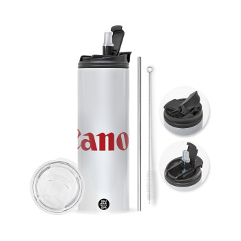 Canon, Travel Tumbler 2 Lids, with metal straw & cleaning brush (Stainless steel 304 Food grade, BPA free, 600ml)