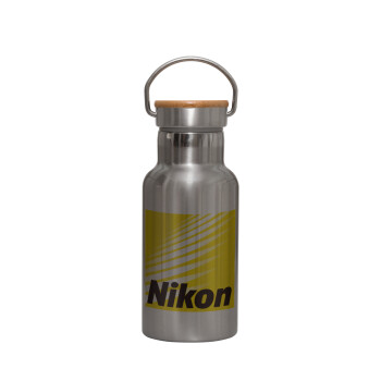 Nikon, Μεταλλικό παγούρι θερμός (Stainless steel) Ασημένιο με ξύλινο καπακι (bamboo), διπλού τοιχώματος, 350ml