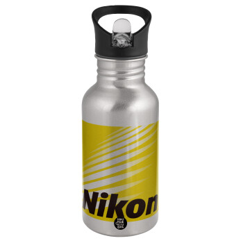 Nikon, Water bottle Silver with straw, stainless steel 500ml