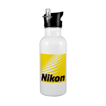Nikon, White water bottle with straw, stainless steel 600ml