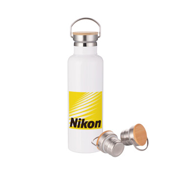 Nikon, Stainless steel White with wooden lid (bamboo), double wall, 750ml