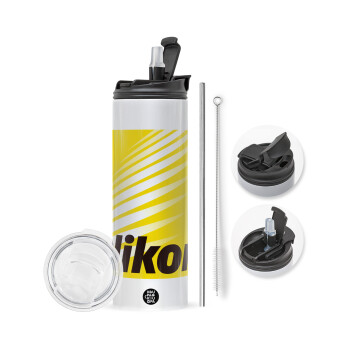 Nikon, Travel Tumbler θερμό με διπλό καπάκι, μεταλλικό καλαμάκι και βούρτσα καθαρισμού (Ανωξείδωτο 304 Food grade, BPA free, 600ml)