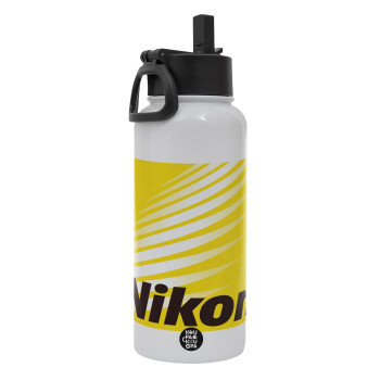 Nikon, Μεταλλικό παγούρι θερμός Λευκό με καλαμάκι και χερούλι (Stainless steel), διπλού τοιχώματος, 950ml