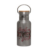 Stainless steel metallic thermos flask, silver with a bamboo lid, double-walled, 350ml.