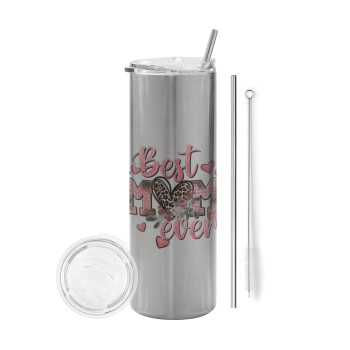Best mom ever Mother's Day, Eco friendly stainless steel Silver tumbler 600ml, with metal straw & cleaning brush