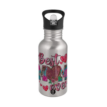 Best mom ever Mother's Day pink, Water bottle Silver with straw, stainless steel 500ml