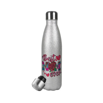 Best mom ever Mother's Day pink, Metallic Glitter Silver Thermos Flask (Stainless steel), double-walled, 500ml