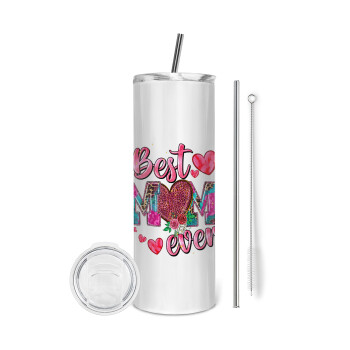 Best mom ever Mother's Day pink, Eco friendly stainless steel tumbler 600ml, with metal straw & cleaning brush