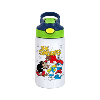 The smurfs, Children's hot water bottle, stainless steel, with safety straw, green, blue (350ml)