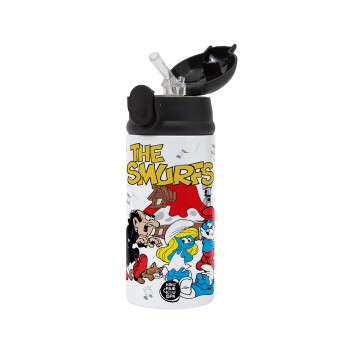 The smurfs, Children's hot water bottle, stainless steel, with safety straw, Black (360ml) BPA-FREE