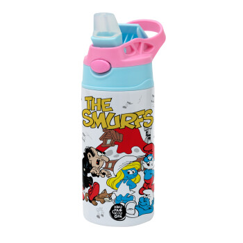 The smurfs, Children's hot water bottle, stainless steel, with safety straw, Pink/BlueCiel (360ml) BPA FREE