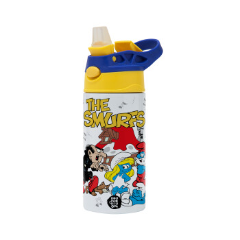 The smurfs, Children's hot water bottle, stainless steel, with safety straw, green, blue (360ml) BPA FREE