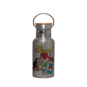 The smurfs, Stainless steel metallic thermos flask, silver with a bamboo lid, double-walled, 350ml.