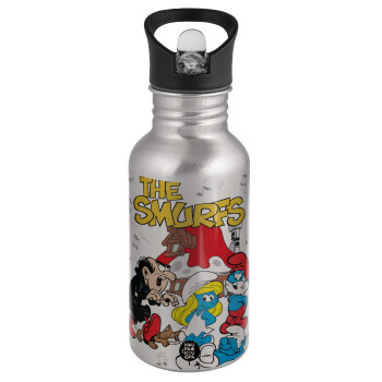 The smurfs, Water bottle Silver with straw, stainless steel 500ml