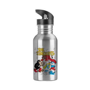 The smurfs, Water bottle Silver with straw, stainless steel 600ml