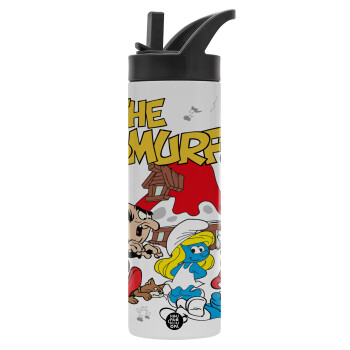 The smurfs, Metallic thermos bottle with straw & handle, stainless steel (Stainless steel 304), double-walled, 600ml.