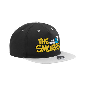 The smurfs, Adult Flat Snapback Hat Black/Grey, (100% COTTON TWILL, ADULT, UNISEX, ONE SIZE)