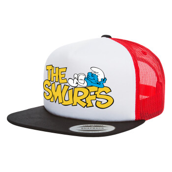 The smurfs, Adult Foam Flat Snapback with Mesh Black-White-Red (POLYESTER, ADULT, UNISEX, ONE SIZE)