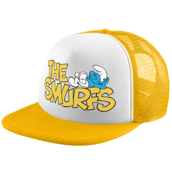 The smurfs, Adult Soft Trucker Hat with Yellow/White Mesh (POLYESTER, ADULT, UNISEX, ONE SIZE)