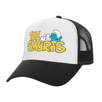 The smurfs, Adult Structured Trucker Hat, with Mesh, WHITE/BLACK (100% COTTON, ADULT, UNISEX, ONE SIZE)