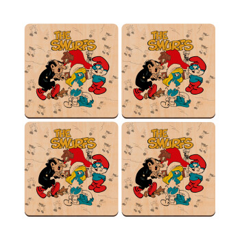 The smurfs, ΣΕΤ x4 Σουβέρ ξύλινα τετράγωνα plywood (9cm)