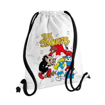 The smurfs, Τσάντα πλάτης πουγκί GYMBAG λευκή, με τσέπη (40x48cm) & χονδρά κορδόνια