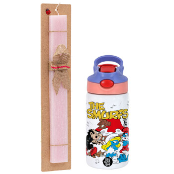 The smurfs, Easter Set, Children's thermal stainless steel water bottle with safety straw, pink/purple (350ml) & Easter scented flat candle (30cm) (PINK)