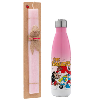 The smurfs, Easter Set, Metallic pink/white (Stainless steel) thermos, double-walled, 500ml & aromatic flat Easter candle (30cm) (PINK)