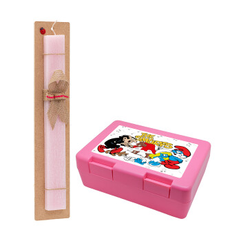 The smurfs, Easter Set, children's snack container PINK & scented flat Easter candle (30cm) (PINK)