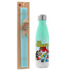 Easter Set, Metallic green/white thermos (Stainless steel), double-walled, 500ml & scented flat Easter candle (30cm) (TURQUOISE)