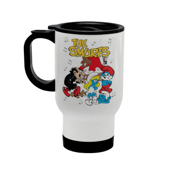The smurfs, Stainless steel travel mug with lid, double wall white 450ml