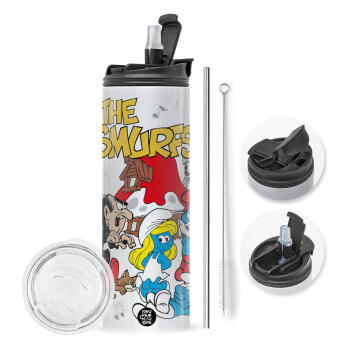 The smurfs, Travel Tumbler 2 Lids, with metal straw & cleaning brush (Stainless steel 304 Food grade, BPA free, 600ml)