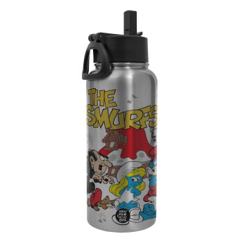 The smurfs, Metal mug thermo Silver with Straw and Spout Lid (Stainless steel), double wall, 950ml