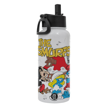 The smurfs, Metal mug thermo White with Straw and Spout Lid (Stainless steel), double wall, 950ml