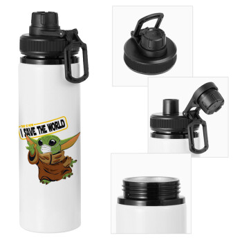Baby Yoda, This is how i save the world!!! , Metal water bottle with safety cap, aluminum 850ml