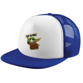 Baby Yoda, This is how i save the world!!! , Child's Soft Trucker Hat with Blue/White Mesh (POLYESTER, CHILD, ONE SIZE)