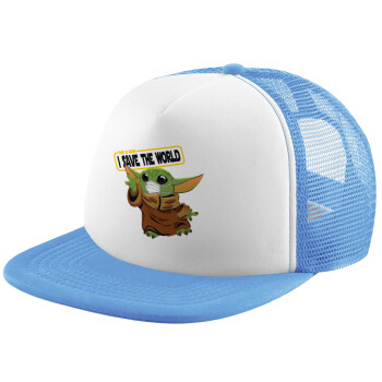 Baby Yoda, This is how i save the world!!! , Child's Soft Trucker Hat with Blue/White Mesh (POLYESTER, CHILD, ONE SIZE)