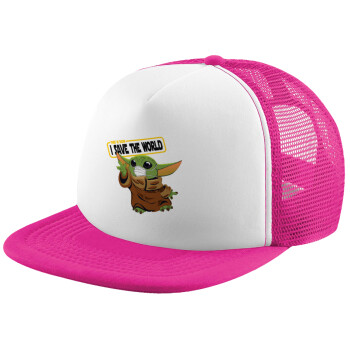 Baby Yoda, This is how i save the world!!! , Adult Soft Trucker Hat with Pink/White Mesh (POLYESTER, ADULT, UNISEX, ONE SIZE)