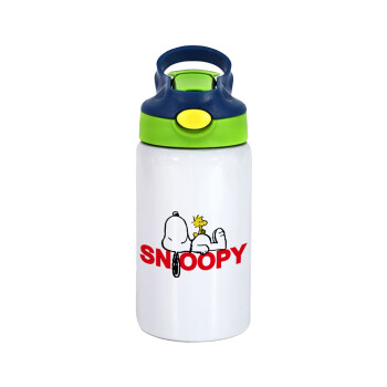 Snoopy sleep, Children's hot water bottle, stainless steel, with safety straw, green, blue (350ml)