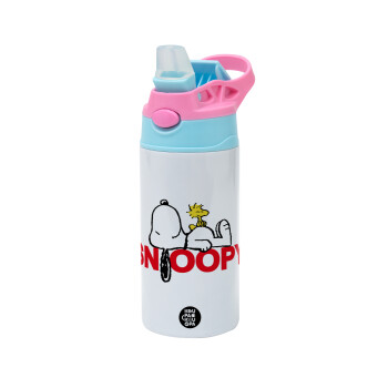 Snoopy sleep, Children's hot water bottle, stainless steel, with safety straw, Pink/BlueCiel (360ml) BPA FREE