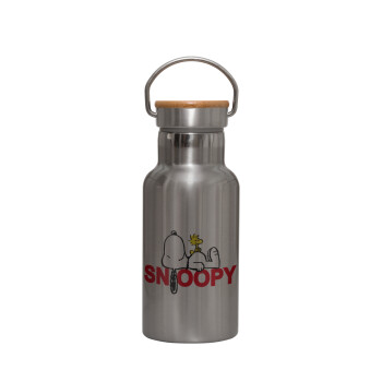 Snoopy sleep, Stainless steel metallic thermos flask, silver with a bamboo lid, double-walled, 350ml.