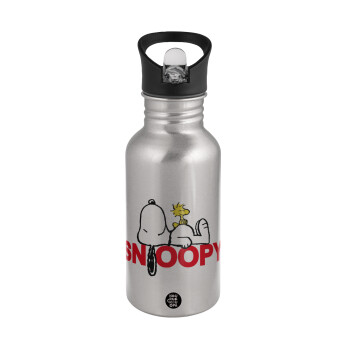 Snoopy sleep, Water bottle Silver with straw, stainless steel 500ml