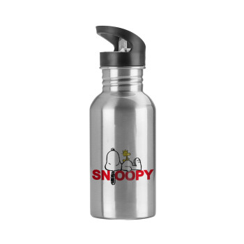 Snoopy sleep, Water bottle Silver with straw, stainless steel 600ml