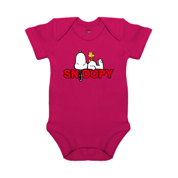 Snoopy sleep, Βρεφικό φορμάκι μωρού, 0-18 μηνών, ΡΟΖ, 100% Organic Cotton, κοντομάνικο