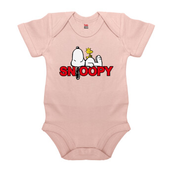 Snoopy sleep, Βρεφικό φορμάκι μωρού, 0-18 μηνών, ΡΟΖ POWDER, 100% Organic Cotton, κοντομάνικο